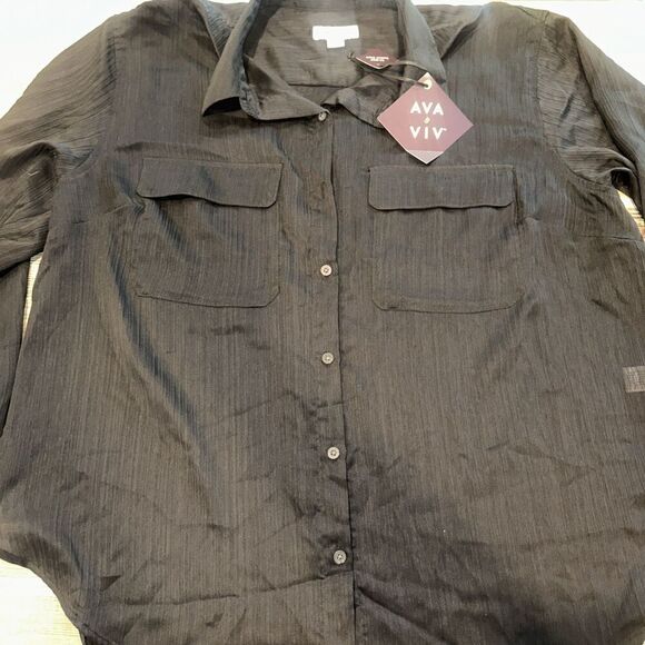 Women's Long Sleeve Chiffon Button-Down Shirt - Ava & Viv Black XXL. NWT. C - Picture 1 of 8